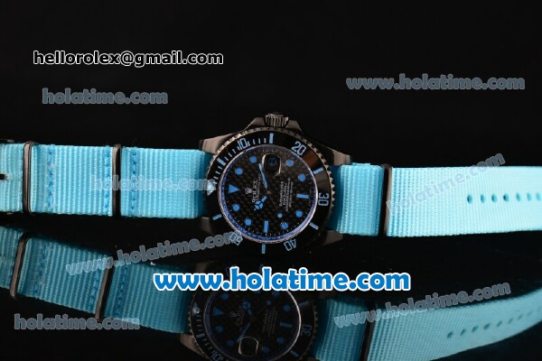 Rolex Submariner Asia 2813 Automatic PVD Case with Blue Markers Carbon Fiber Dial and Blue Nylon Strap - Click Image to Close